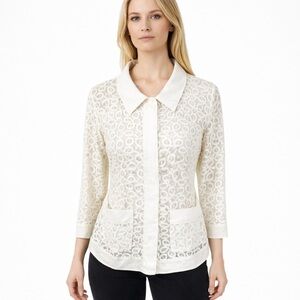 Yansi Fugel White Swirl Open Lace Button Jacket Topper Top Vintage Size M